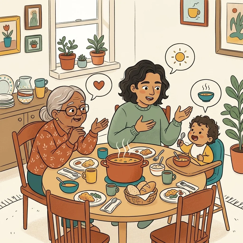Familia conversando en la mesa